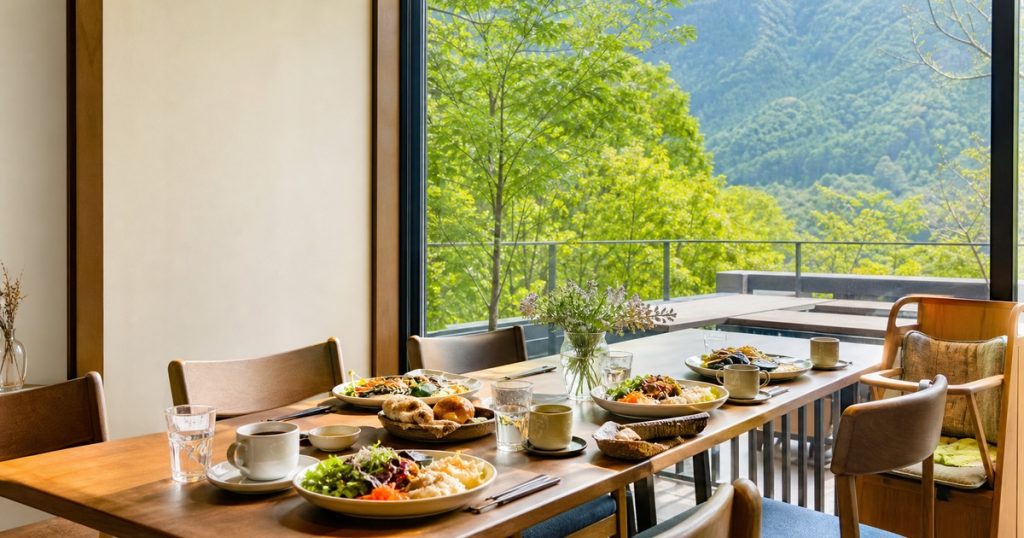 東みよし町の山並みを望む喫茶店のテーブルに、複数人分のランチとコーヒーが並ぶ親戚集まりのイメージ