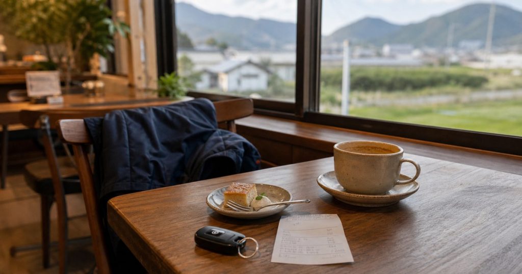 東みよし町の喫茶店の窓際席にコーヒーと車の鍵を置いた点検待ちの短時間カフェ利用イメージ