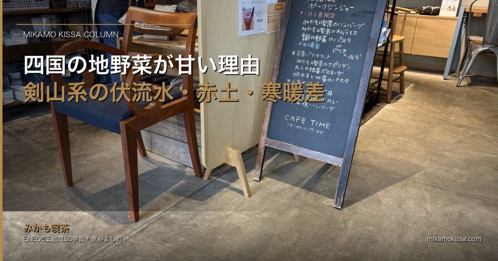 四国の地野菜が「甘い」理由|剣山系の伏流水・赤土・寒暖差から見る、東みよし町の畑で育つ味 アイキャッチ
