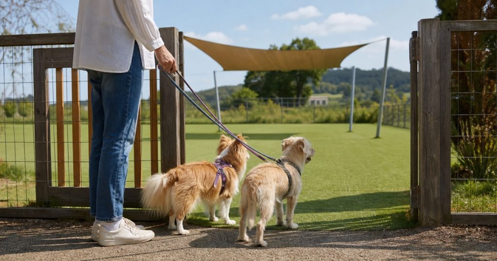 日よけタープのある屋外ドッグランへ二頭の犬を連れて入る飼い主