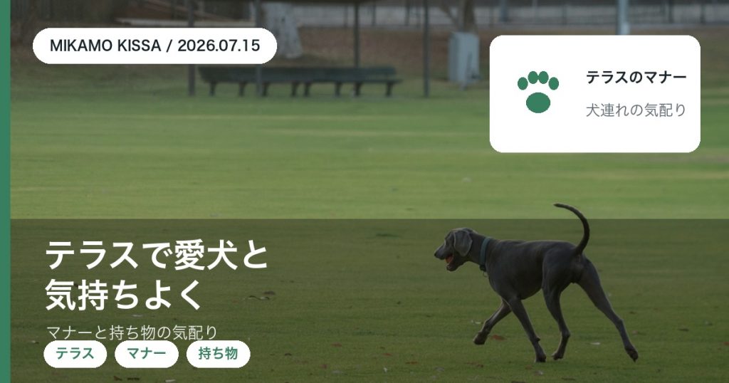 テラス席で愛犬と過ごすときのマナーと持ち物・犬連れの気配りを東みよし町のみかも喫茶が紹介するアイキャッチ