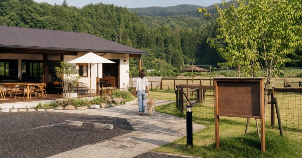 入口・駐車場・テラス・ドッグランが分かるみかも喫茶の来店案内イメージ