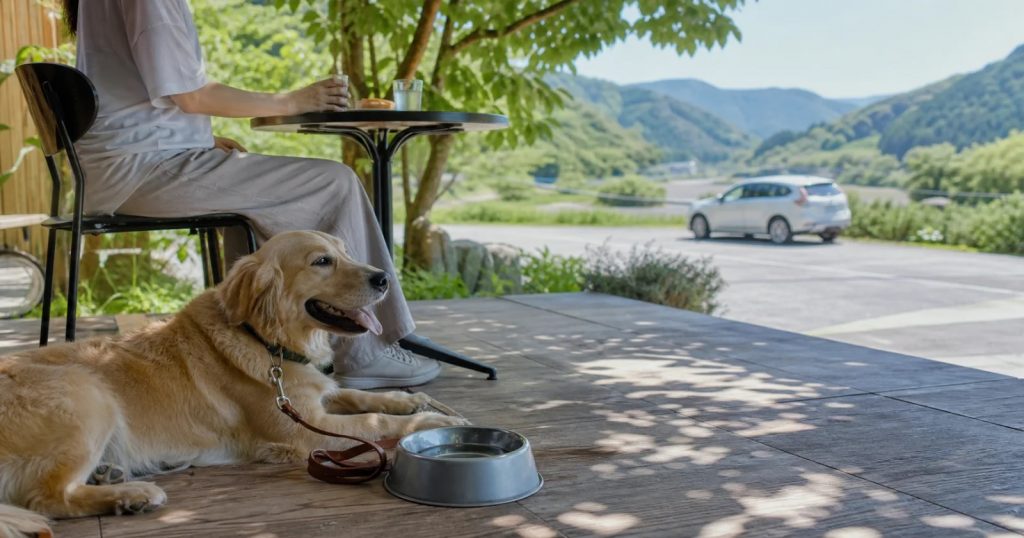 夏の日陰のテラスで水を飲みながら休む犬と飼い主の編集イメージ
