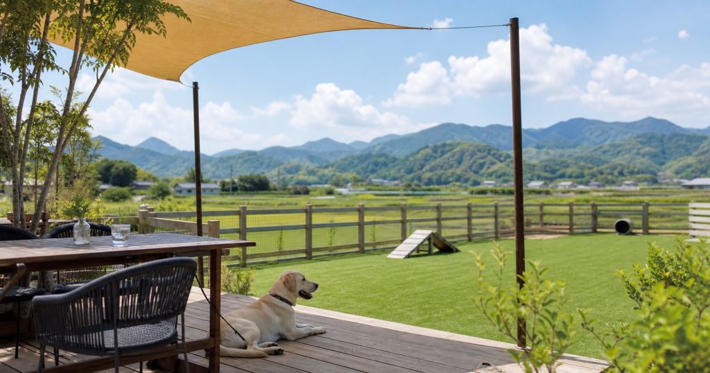 屋外テラスで休む犬と屋根のないドッグランの編集イメージ