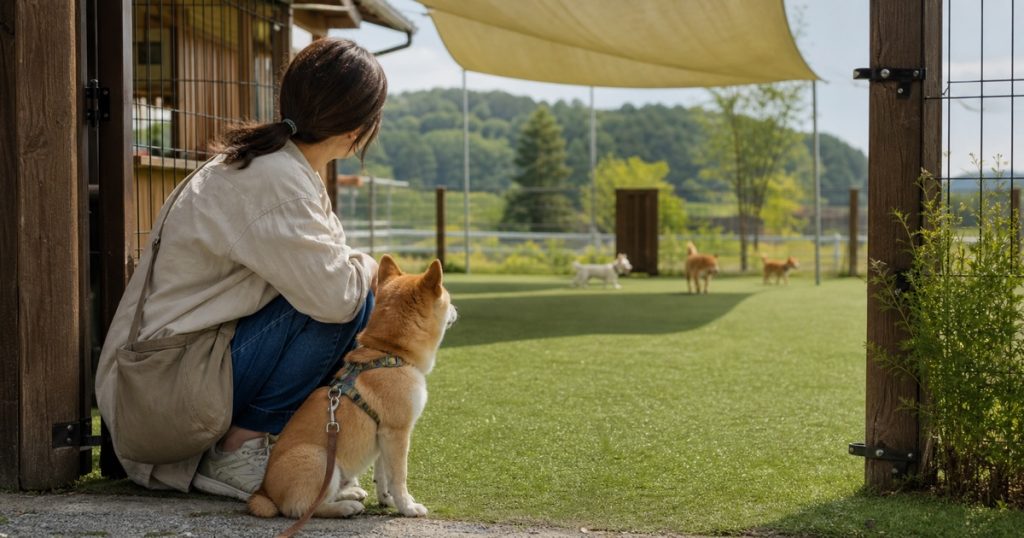 屋外ドッグランの入口で飼い主のそばから静かに周囲を見る小型犬