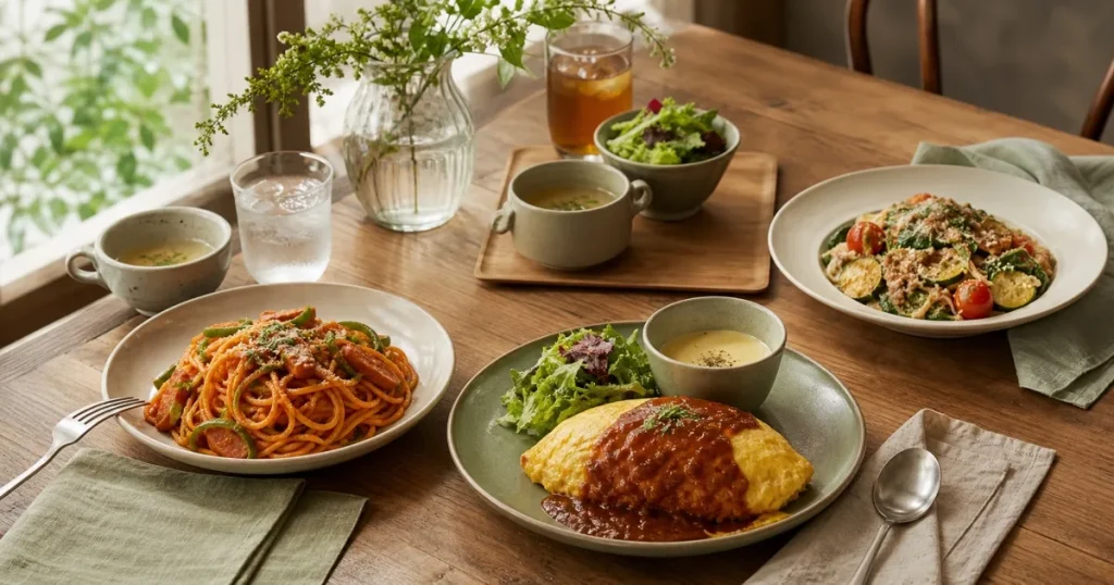 パスタ、オムライス、ハンバーグなど、みかも喫茶のランチ選びを表す編集イメージ
