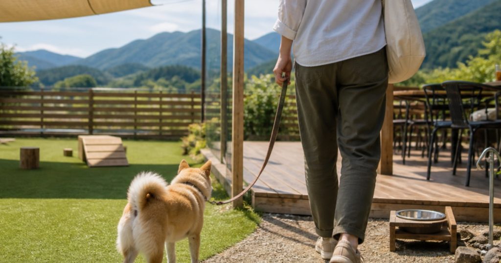 東みよし町の山並みを望む人工芝ドッグランとテラスの間を愛犬と歩く様子