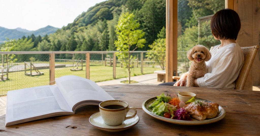 徳島の郊外カフェでランチとコーヒーと愛犬を囲み地域情報誌を読むイメージ
