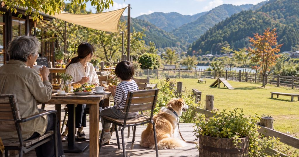 秋の屋外テラスで三世代の家族と愛犬が食事と休憩を楽しむイメージ